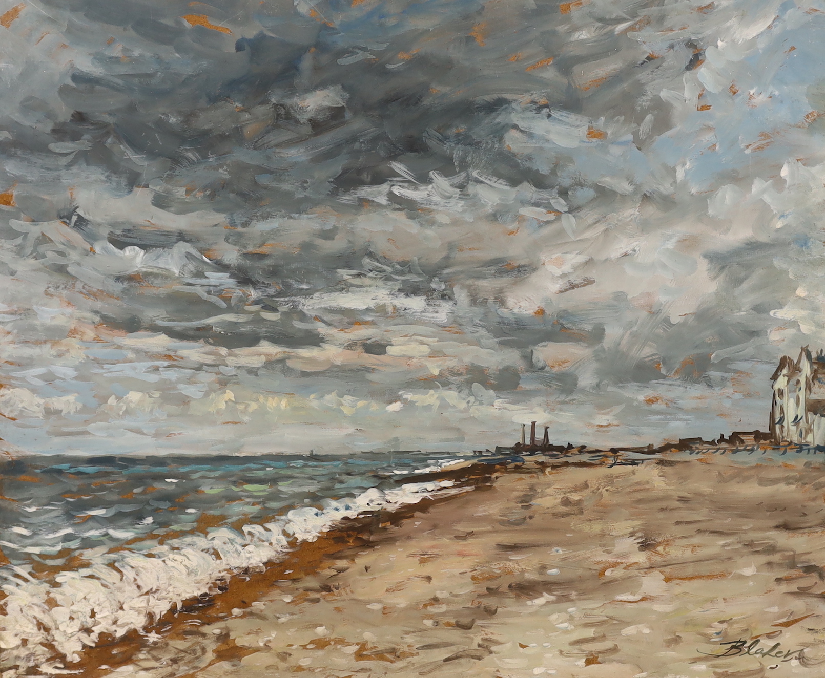 Michael John Blaker, two oils on board, Looking towards Shoreham and Southwick, probably from Hove Beach and The Palace Pier Brighton, each signed, unframed, largest 51 x 61cm